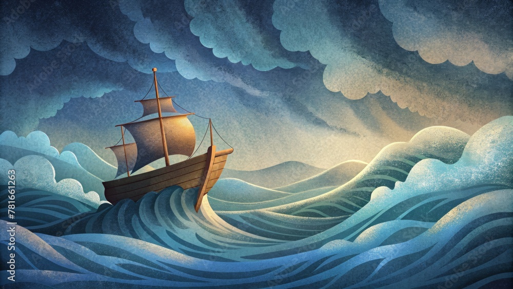 Aufkleber picture a ship sailing through a stormy sea with waves crashing against its hull and winds howling a
