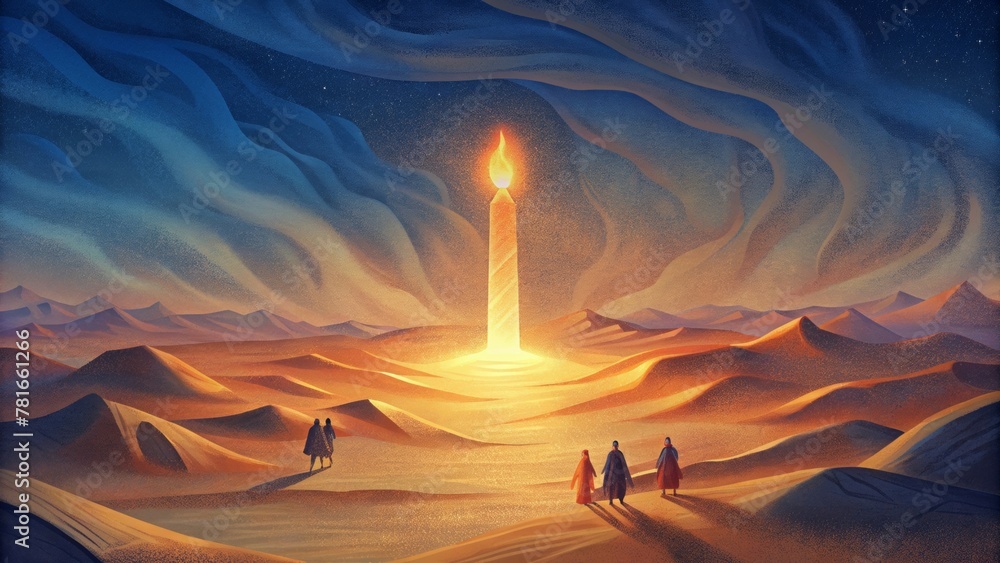 Poster visualize a group of travelers crossing a vast desert with no clear path or direction. suddenly a pi