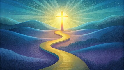 A map with a winding path leading to a bright shining cross at its center. This illustrates how faith in the power of the cross can guide us