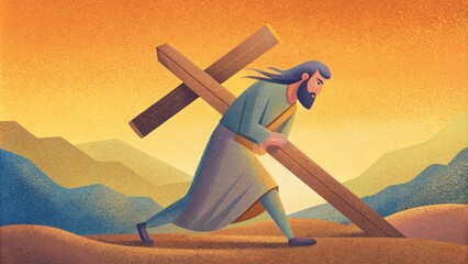 At the second station Jesus stumbles under the weight of the cross struggling to move forward as he bears the weight of the sins of the world. - obrazy, fototapety, plakaty