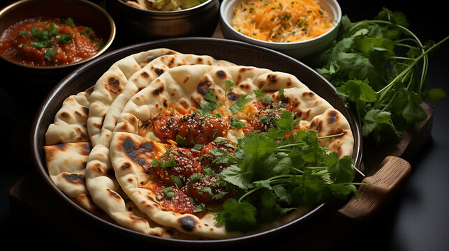 Wide traditional Indian food recipe banner mage, detailed closeup photo of naan bread on a tray with gravies and curries around in dark background 