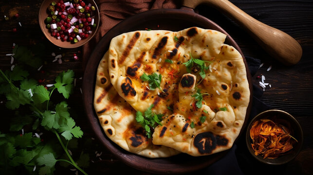 Wide traditional Indian food recipe banner mage, detailed closeup photo of naan bread on a tray with gravies and curries around in dark background 