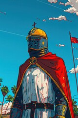 A crusading knight uses GPS to navigate to the Holy Land, his quests now guided by satellites above  - obrazy, fototapety, plakaty
