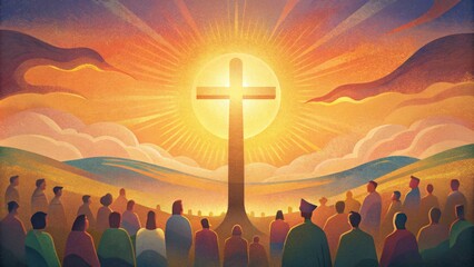 As the sun sets on the horizon casting a warm golden light over the cross United Under the Cross Christians gather to pray and sing hymns - obrazy, fototapety, plakaty