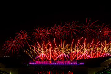 Doha, Qatar - April 10, 2024: Katara Cultural Village Eid Celebration Fireworks.