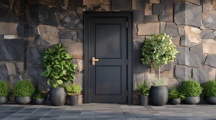 modern front of a simple black door with potted plants in vases in sides , stone wall 3d rendering  