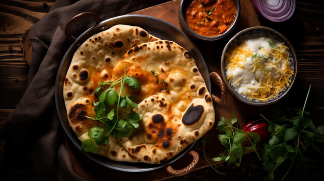 Wide traditional Indian food recipe banner mage, detailed closeup photo of naan bread on a tray with gravies and curries around in dark background 
