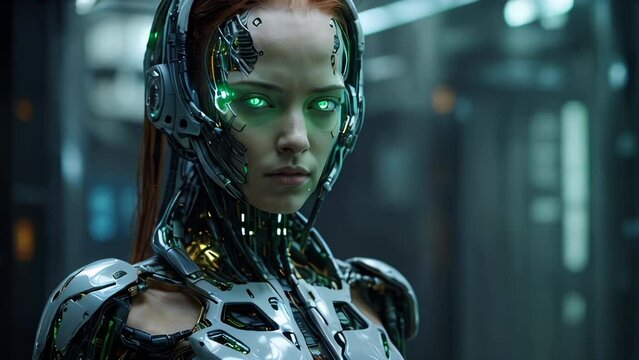 Beautiful female cyborg with red hair