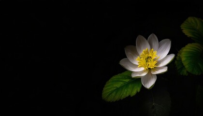 Fototapeta na wymiar Lovely white flower with leaves on the side in dark background