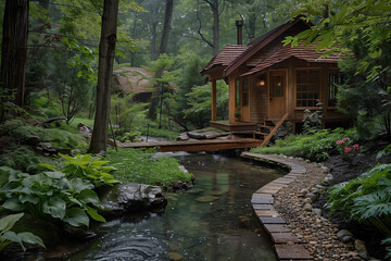 Naklejka premium Outdoor bath in a serene garden setting.