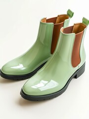 Pair of pistachio colored leather chelsea boots on white background.