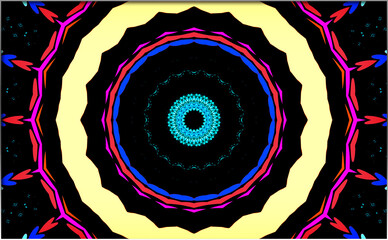 Abstract, kaleidoscopic pattern as vibrant colors dominate the picture, featuring multiple symmetrical layers that converge towards a central point