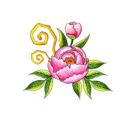 Watercolor illustration of a pink peony flower with buds, leaves and golden swirls. Botanical composition isolated from background. Great pattern for kitchen, home decor, stationery, wedding, textiles