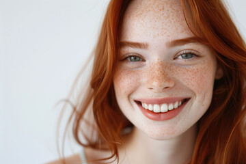 Joyful Young Woman with Freckles and Radiant Smile