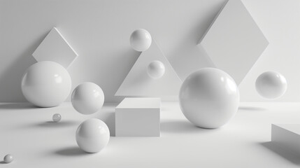 A monochrome 3D render of various geometric shapes like spheres, cubes, and pyramids systematically...