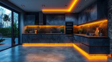 A kitchen with a black countertop and a black oven