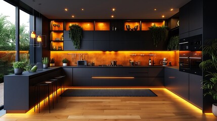 A modern kitchen with a black color theme and a lot of lighting