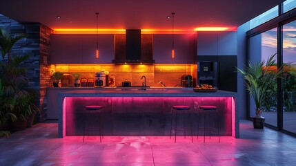 A kitchen with a countertop lit up in neon colors