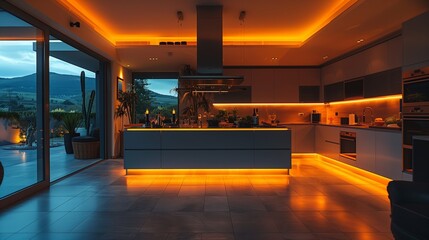 A kitchen with a countertop lit up with orange lights