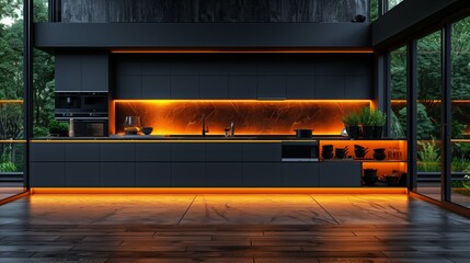 A kitchen with a black countertop and orange lights