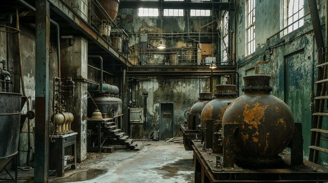 old  steam equipment in the abandoned factory