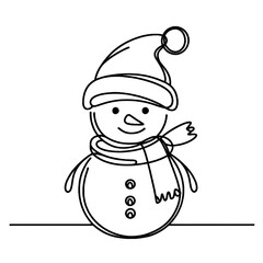 Continuous one line drawing of christmas Snowman in hat with scarf. isolated on white background