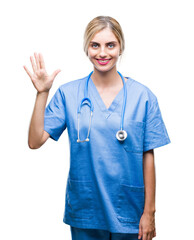 Young beautiful blonde doctor surgeon nurse woman over isolated background showing and pointing up with fingers number five while smiling confident and happy.