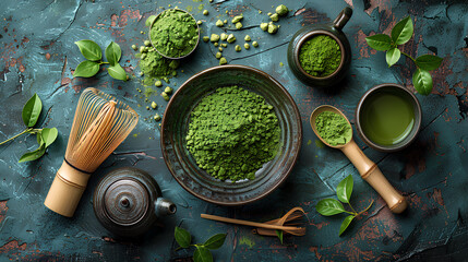 
Bowl of green matcha powder with tea accessories