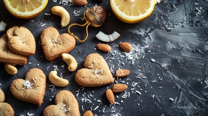 Cookies, nuts, and lemon on table
