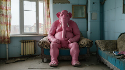 Pink elephant in apartment - alcoholic psychosis, delirium tremens concept - obrazy, fototapety, plakaty