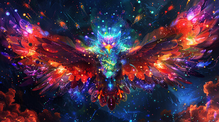 Obraz premium Magical fairy-tale rainbow shining owl in flight
