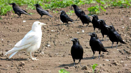 Naklejka premium Unique white crow amidst black ones - concept of being different