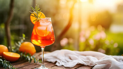 Aperol Spritz cocktail server on cafe patio, summer sunset