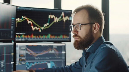 Serious responsible stock market trader actively monitors and analyzes financial markets on multiple screens