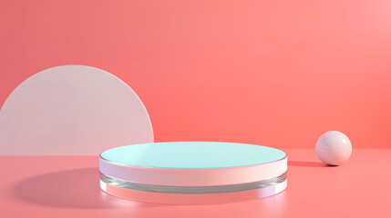 A modern minimalist product display podium, rendered with geometric shapes, pastel colors, and...