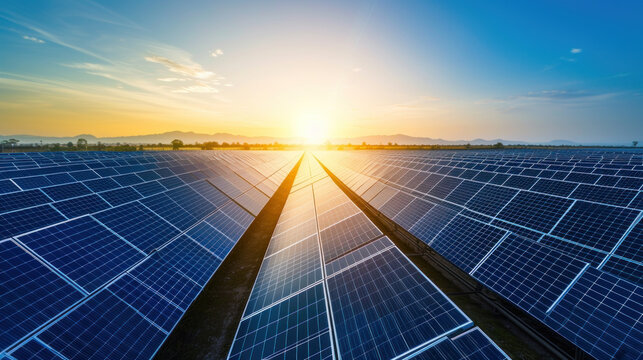 Solar park in desert, sunny weather, aerial view