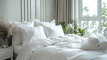 Fototapeta na wymiar Bedroom interior design details. Comfortable bed with soft white pillows and bedding in bed