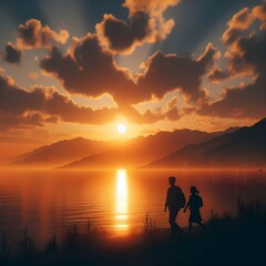 A lovely couple with a black silhouette walking through this pretty place in the evening sunset, I live in love. Generative AI