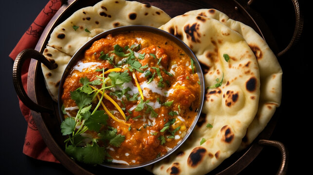Wide traditional Indian food recipe banner mage, detailed closeup photo of naan bread on a tray with gravies and curries around in dark background 