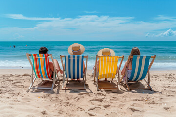 Family sitting sunbathing on the beach during holidays, enjoying relaxation and sea views on their summer vacation