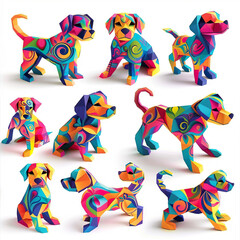 A series of colorful paper dogs are arranged in a row. AI-generated