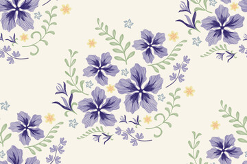 Vintage Flowers pattern seamless embroidery background border. Blue Floral motif with leaves Vintage minimal Ikat ethnic style design vector illustration. Hand drawn