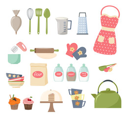 Set of kitchen utensils. Baking dish. Teapot and cups, measuring cup and grater, piping bag. Rolling pin and pastry spatulas. Mittens - potholders, spices in jars. Measuring spoons. Cupcakes and