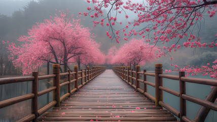 Vlies Fotobehang Wooden bridge with cherry blossoms in spring. Beautiful spring landscape