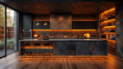 A kitchen with a black countertop and a black stove