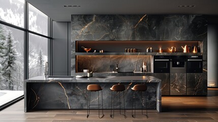A modern kitchen with a marble countertop