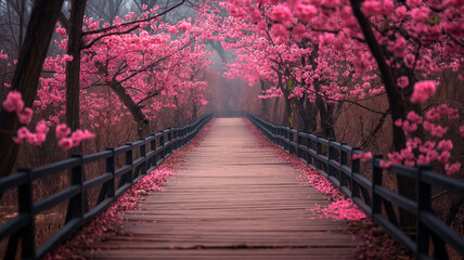 Wooden bridge with cherry blossoms in spring. Beautiful spring landscape