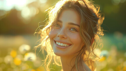 Close up side portrait of beautiful confident woman laughing in nature.