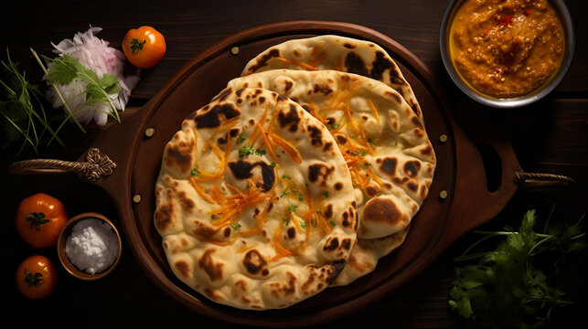 Wide traditional Indian food recipe banner mage, detailed closeup photo of naan bread on a tray with gravies and curries around in dark background 