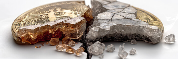 Bitcoin digital currency sign on cracked earth. Volatile cryptocurrency market